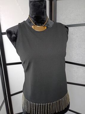 Black Sleeveless Tank with Rhinestone Fringe